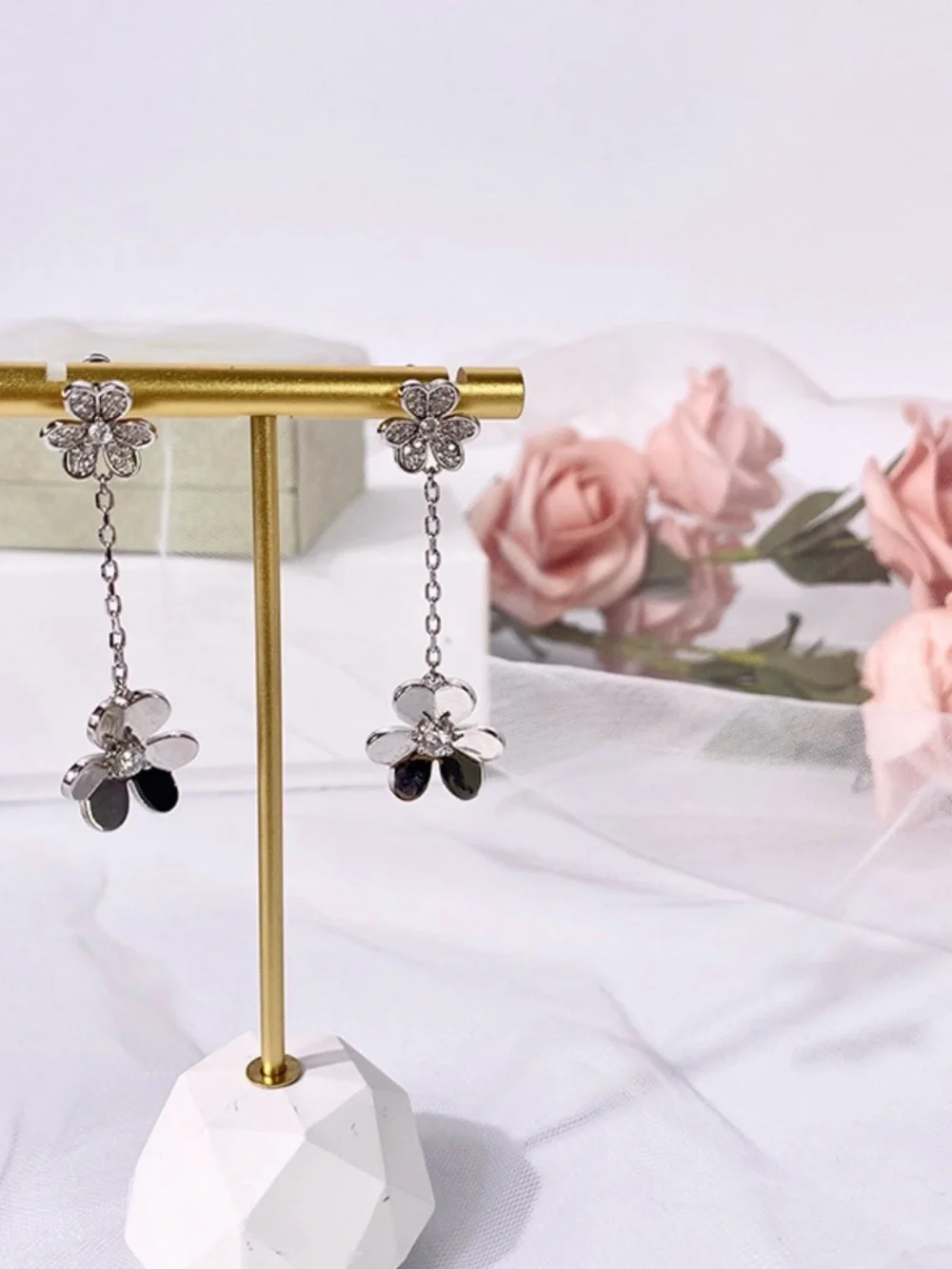 18k White Gold Plated 2 Flowers Simulated Diamond Dangling Earrings